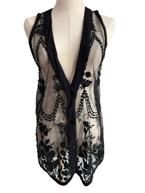 Vintage Art Deco Gatsby Sheer Lace Vest Womens M/L Black Beaded Sequin Boho EUC